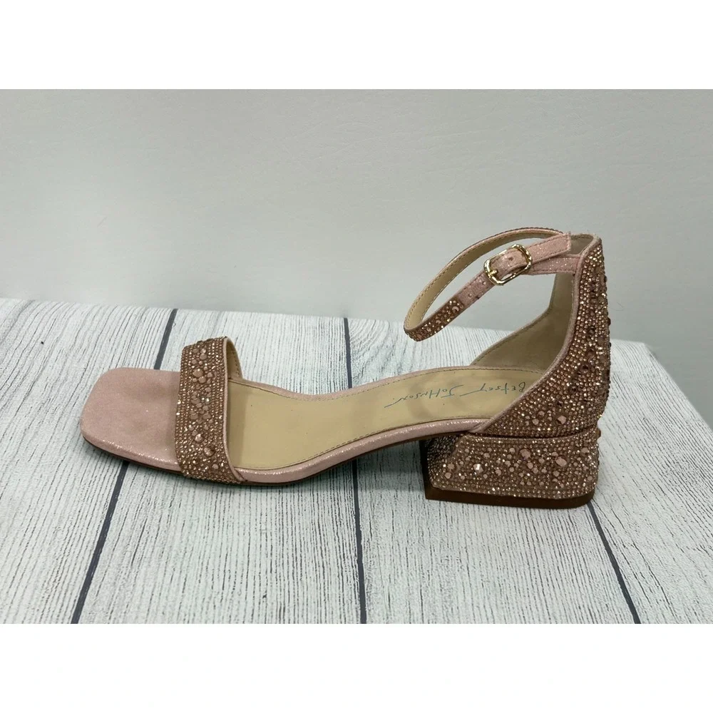 Betsey‎ Johnson Grant Heels Womens 8.5 Pink Rhinestone Ankle Strap Block Prom